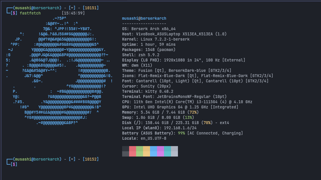 A Berserk Arch desktop running fastfetch under dwm, listing the distribution, kernel, window manager and theme.
